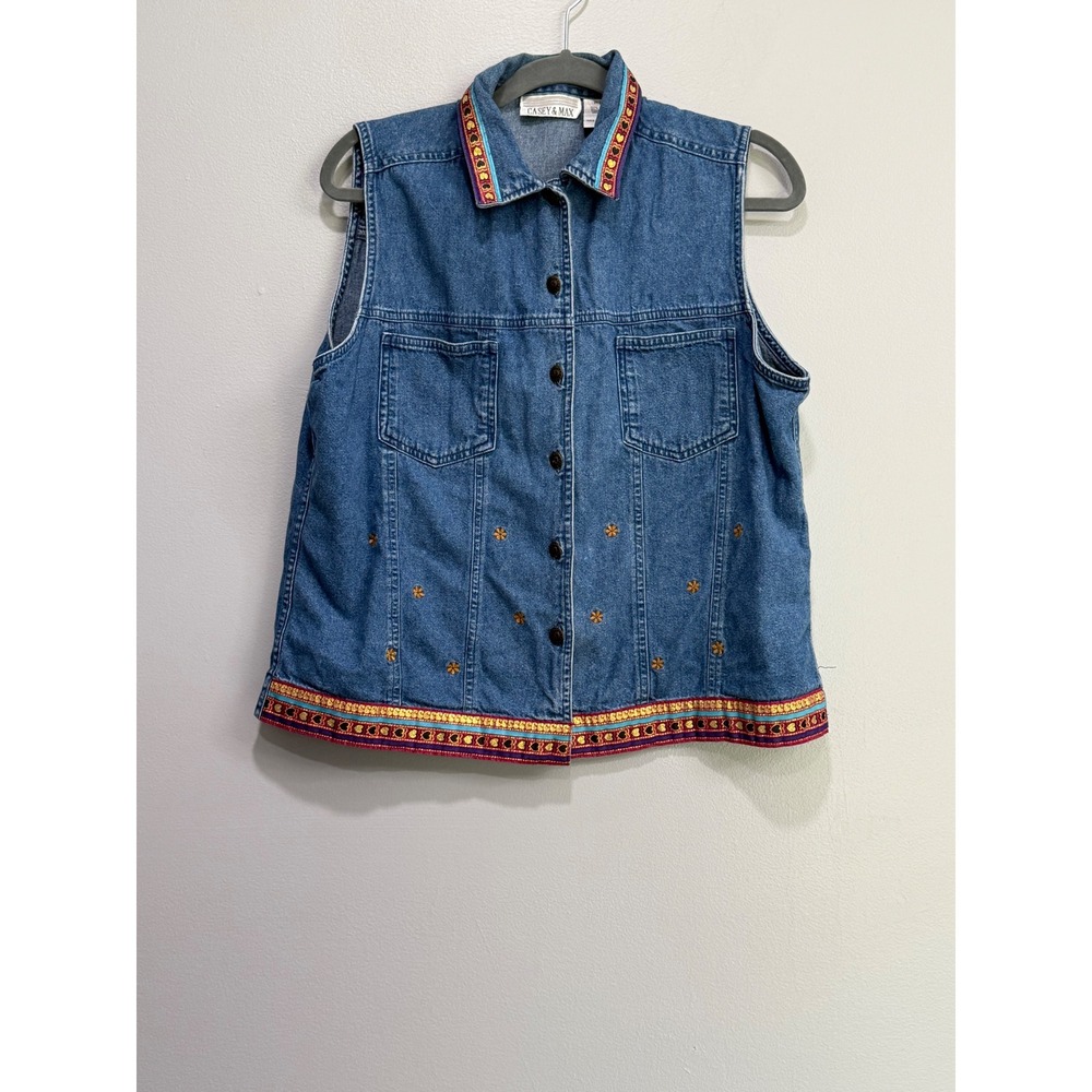 Casey & Max Womens Blue Denim Embroidered Floral Vest Ribbon Trim Size L Vintage